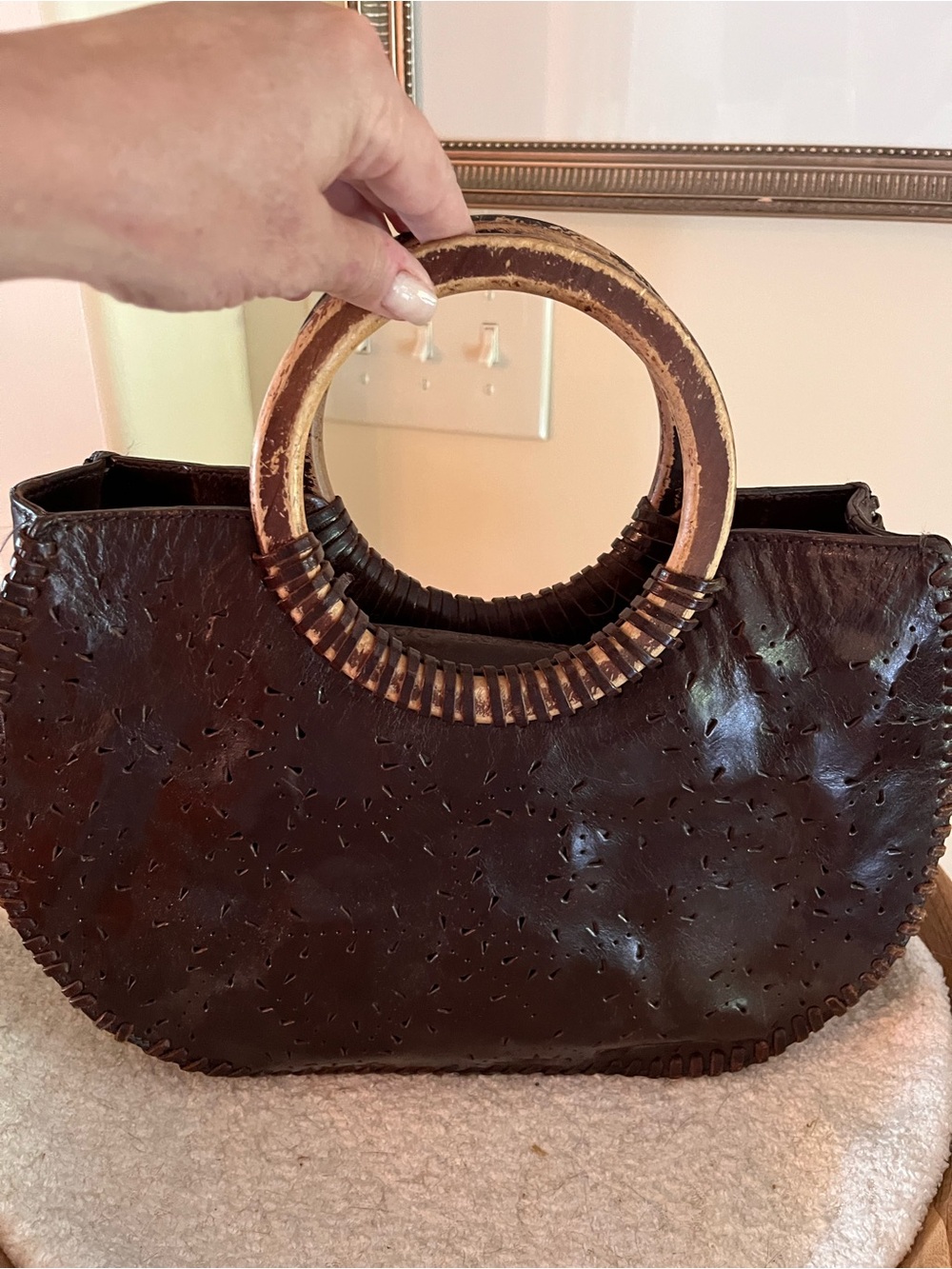 Vintage Kenneth Cole Dark Brown Leather Circle-Handle Handbag